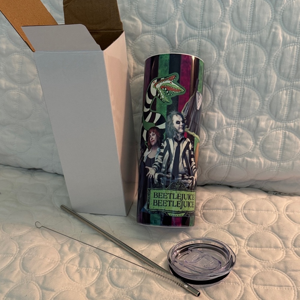 Beetlejuice Themed Tumbler with Straw